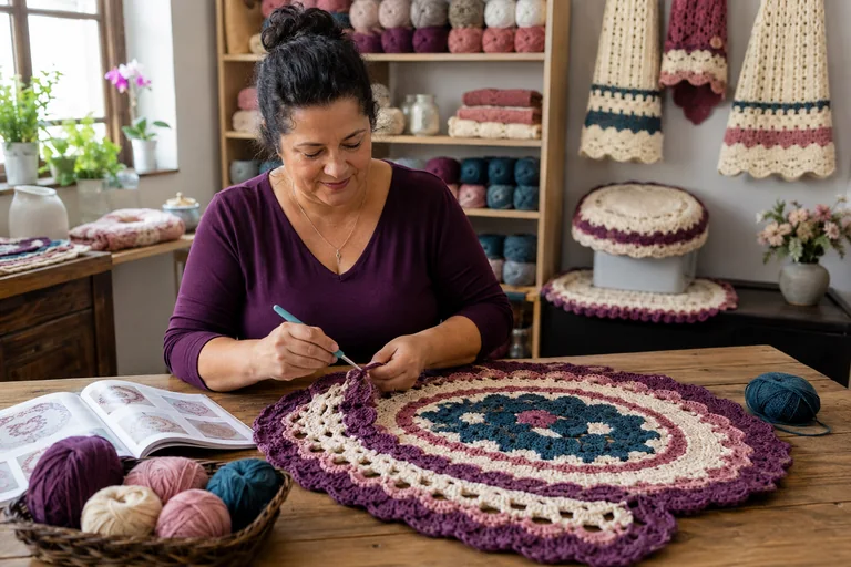 Artesã produzindo um tapete de crochê e consultando referências de modelos