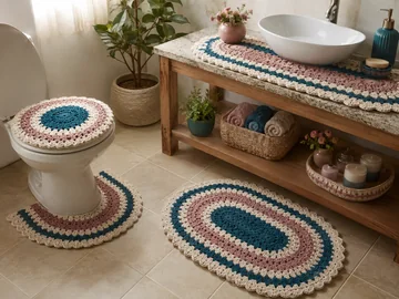 Banheiro decorado com jogo de crochê coordenado