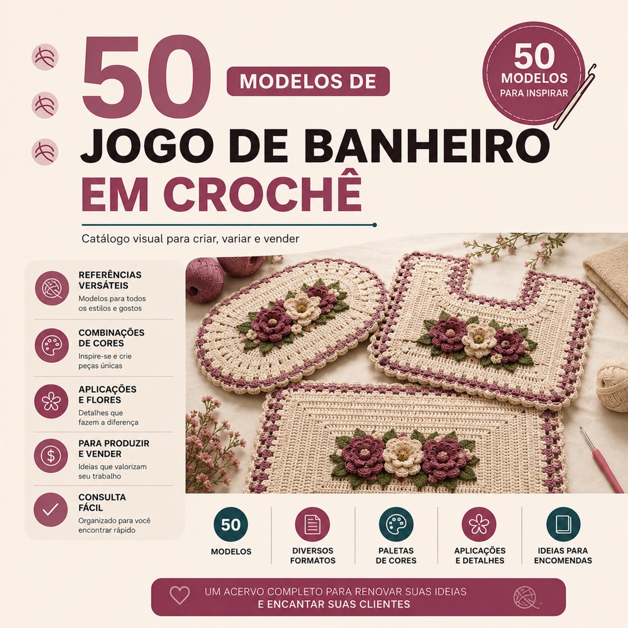 Catálogo essencial com 50 modelos de jogo de banheiro em crochê